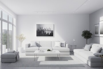 arafed living room with white furniture and a large window