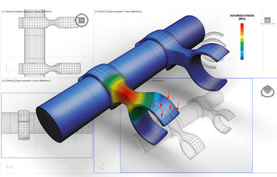 Vue 3D isom&eacute;trique de la contrainte de Von Mises d'un support de tringle m&eacute;canique accroch&eacute;e &agrave; un tube, dessin CAO en arri&egrave;re plan


