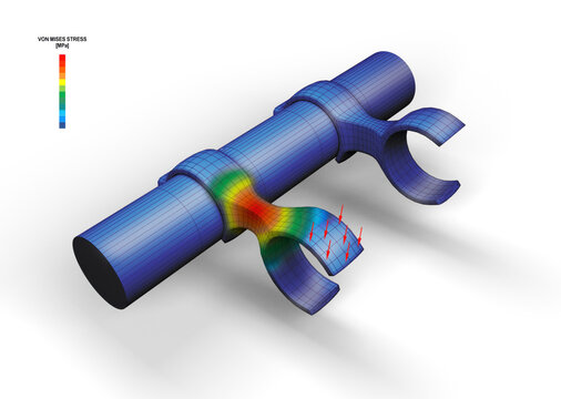 Vue 3D isom&eacute;trique de la contrainte de Von Mises d'un support de tringle m&eacute;canique accroch&eacute;e &agrave; un tube