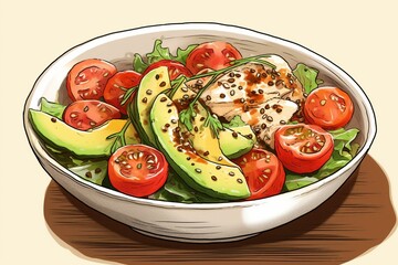 Nutritious salad featuring quinoa, tomatoes, chicken, and avocado. Illustrated. Generative AI