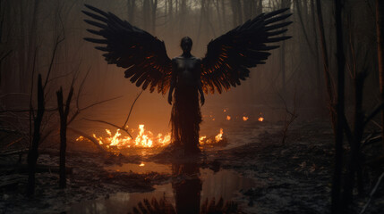 A dark female angel by the pond in the marshy forest with flames in the background