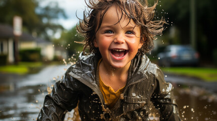 Child splashing joyfully in a puddle after rain.