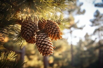 a close up of a pine cone on a pine tree branch in a forest setting with sunlight shining on the pine cones. Generative AI