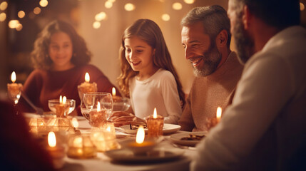 Family at the table with a lot of candles on the table. People in the restaurant celebrating. Young girl smiling