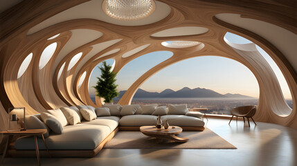 Abstract wooden arched ceiling and wall with curved lines. Interior design of modern living room