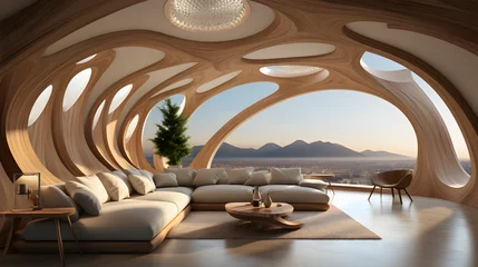  Abstract wooden arched ceiling and wall with curved lines. Interior design of modern living room © master graphics 