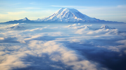Cascade Range, Mount Rainier, breathtaking view from summit, clouds below peaks, glacier detail, early morning haze