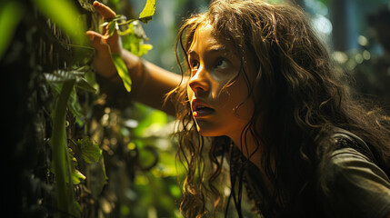 Girl exploring dense, lush Amazon forest.