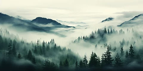 Tuinposter Misty mountain landscape with fir forest in vintage retro style. Generative AI © AngrySun