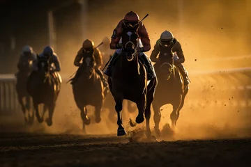 Zelfklevend Fotobehang Horse racing, horses and jockeys battling for first position on the race © ORG