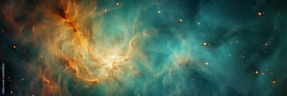 Wall mural orion nebula in full bloom, bright core and wispy outer edges, teal and gold color scheme, cosmic wo