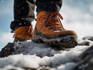 close - up, well - worn climbing boots stepping onto a snowy ridge, crampons digging in, pant legs and part of an ice axe visible