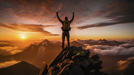 silhouette of a solo climber reaching the summit, arms raised in triumph, vibrant sunset in the background - obrazy, fototapety, plakaty