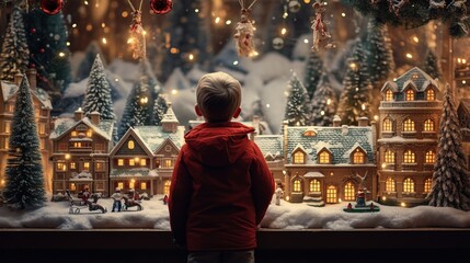 Little boy in awe of a magical Christmas window display in a snowy winter scene