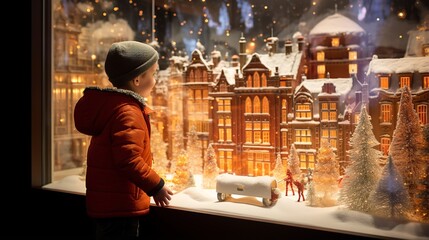 Curious child enchanted by the festive allure of Christmas displays in a shop window