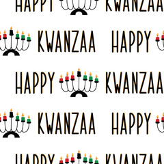 Happy Kwanzaa. Seamless pattern with kinaras. Traditional Kwanzaa symbols. Print for textile, wallpaper, covers, surface. Retro stylization. For fashion fabric. Tribal pattern