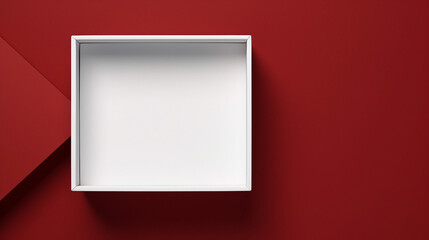 Blank open white box or top view of white present box isolated on dark red background with shadow minimal conceptual 3D rendering