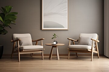 Beige lounge chairs and a round coffee table are attached. Home interior design of modern living room