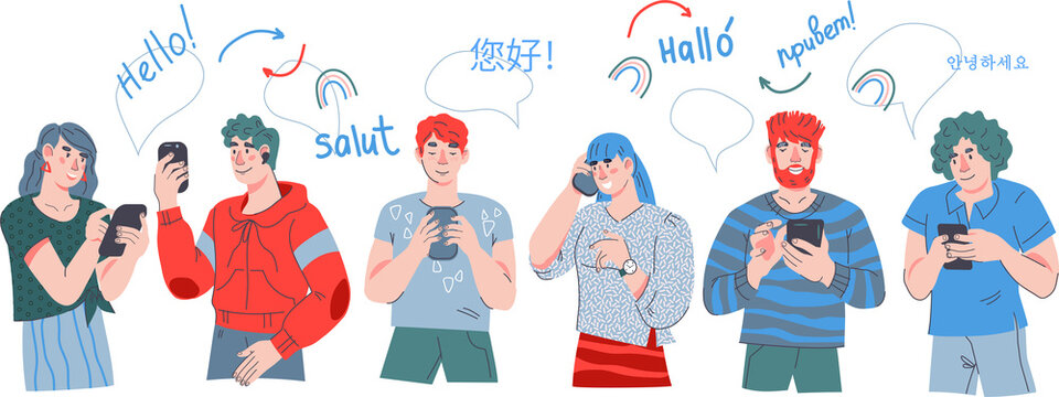 People using mobile app for foreign language learning and communication. Online translator and language learning app.