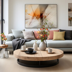 Black round coffee table near beige sofa with multicolored pillows. Scandinavian style home interior design of modern living room