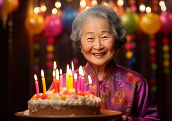 Obraz na płótnie Canvas Asian elderly woman in a heartfelt moment, holding a birthday cake with tenderness