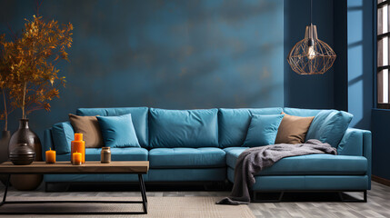 Blue corner sofa against window dressed with curtains. Interior design of modern living room - obrazy, fototapety, plakaty
