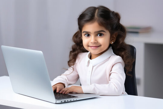 Indian beautiful little girl using laptop