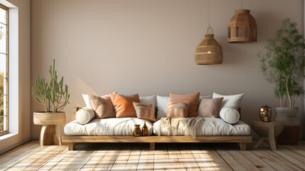 Fototapeta na wymiar Boho minimalist home interior design of modern living room. Beige sofa with terra cotta cushions against window 