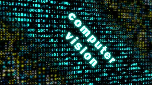computer vision digital word background on moving binary code. concept for generative ai, creative work tasks and natural language processing power.