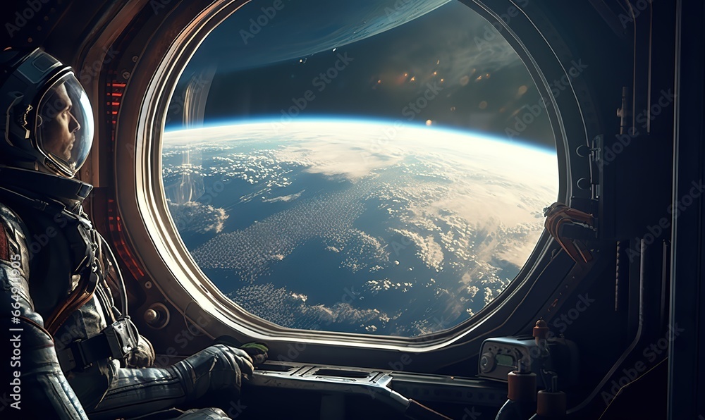 Wall mural an astronaut who is looking at planet earth in outer space. generative ai