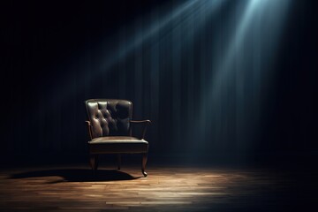 a chair on a dark background with a spotlight from above. Generative AI
