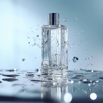 Falling Water Droplets Around A Body Wash Bottle On A Reflective Table Surface