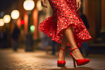 Unrecognizable dancer dressed as flamenco. Passionate popular Spanish dance. Andalusian flamenco dancing legs - obrazy, fototapety, plakaty