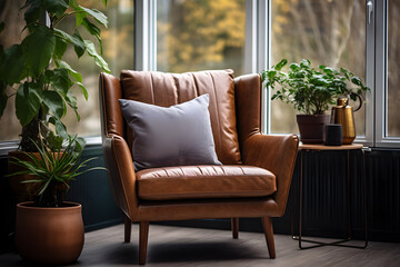 Fototapeta na wymiar Brown leather mid-century wing chair near potted houseplants against window. Boho home interior design of modern living room