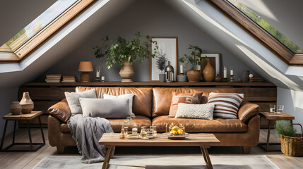 Brown leather sofa with grey pillows and blanket against skylight, scandinavian home interior design of modern living room in attic