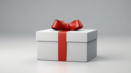 Blank white present box open or gift box with red ribbons and bow isolated on dark white grey background with shadow and blank space minimal conceptual 3D rendering
