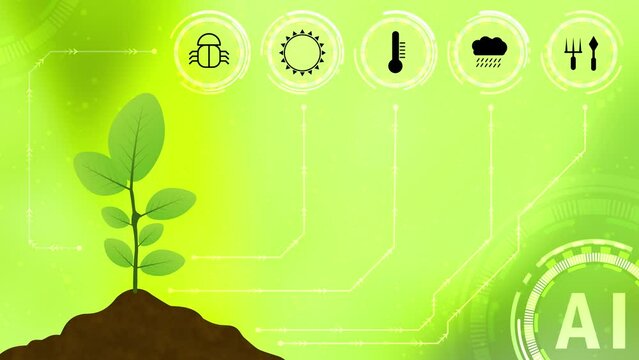 growing plants animation with ai monitoring animation on green blur background. smart farming and agriculture innovation for more productivity.