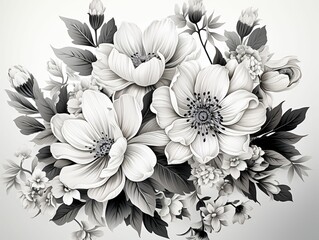 Elegant Black and White Flower Background. Monochrome Floral Illustration
