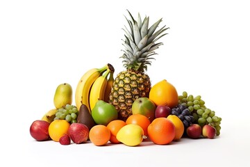 Naklejka na ściany i meble pile of assorted fruits on white background. Generative AI