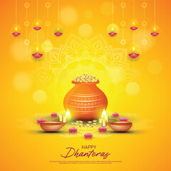Happy Dhanteras - poster template design with gold coin in pot and decorative diya lamp.