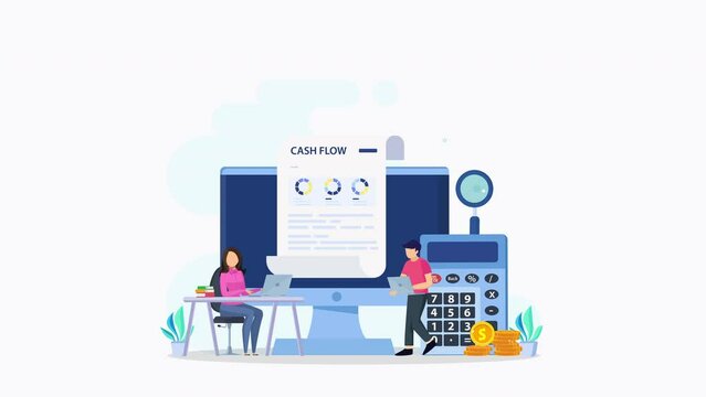 Cash Flow Vector Illustration Concept. Business people with online cash flow report. 2d video animation 4k clip