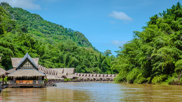 Wooden floating raft house in river Kwai Kanchanaburi, Thailand