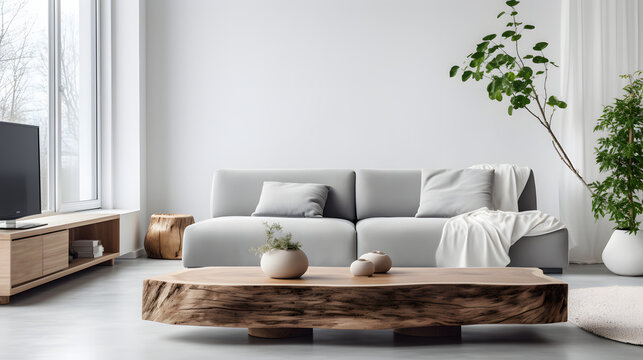 Coffee table made from wooden tree trunk against grey corner sofa. Tv on white wall and big windows in minimalist style scandinavian home interior design of modern living room