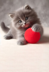 Gray fluffy cat with a red ball on on the floor