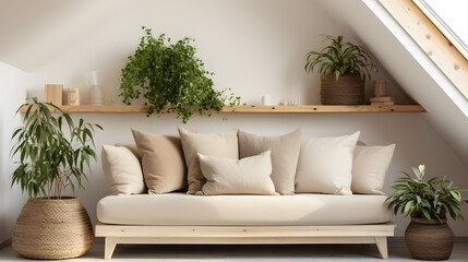 Cozy beige sofa with pillow and plaid and wooden shelf with potted houseplants. Scandinavian interior design of modern stylish living room in attic