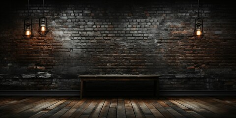 Black Brick Wall Texture Background. Room with Dark Brick Wall - obrazy, fototapety, plakaty