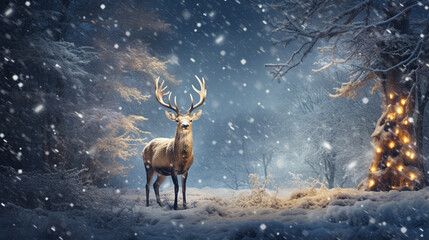 deer in the snowy  forest