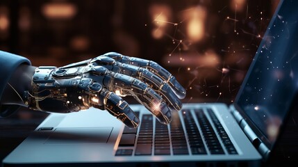 Robot hand typing on a laptop with a finger, artificial intelligence technology in business