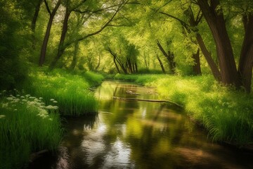 Fototapeta na wymiar Peaceful stream meandering through beautiful green scenery. Generative AI