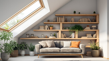 Cozy sofa against skylight window near grey wall with wooden shelf. Scandinavian interior design of modern stylish living room in attic